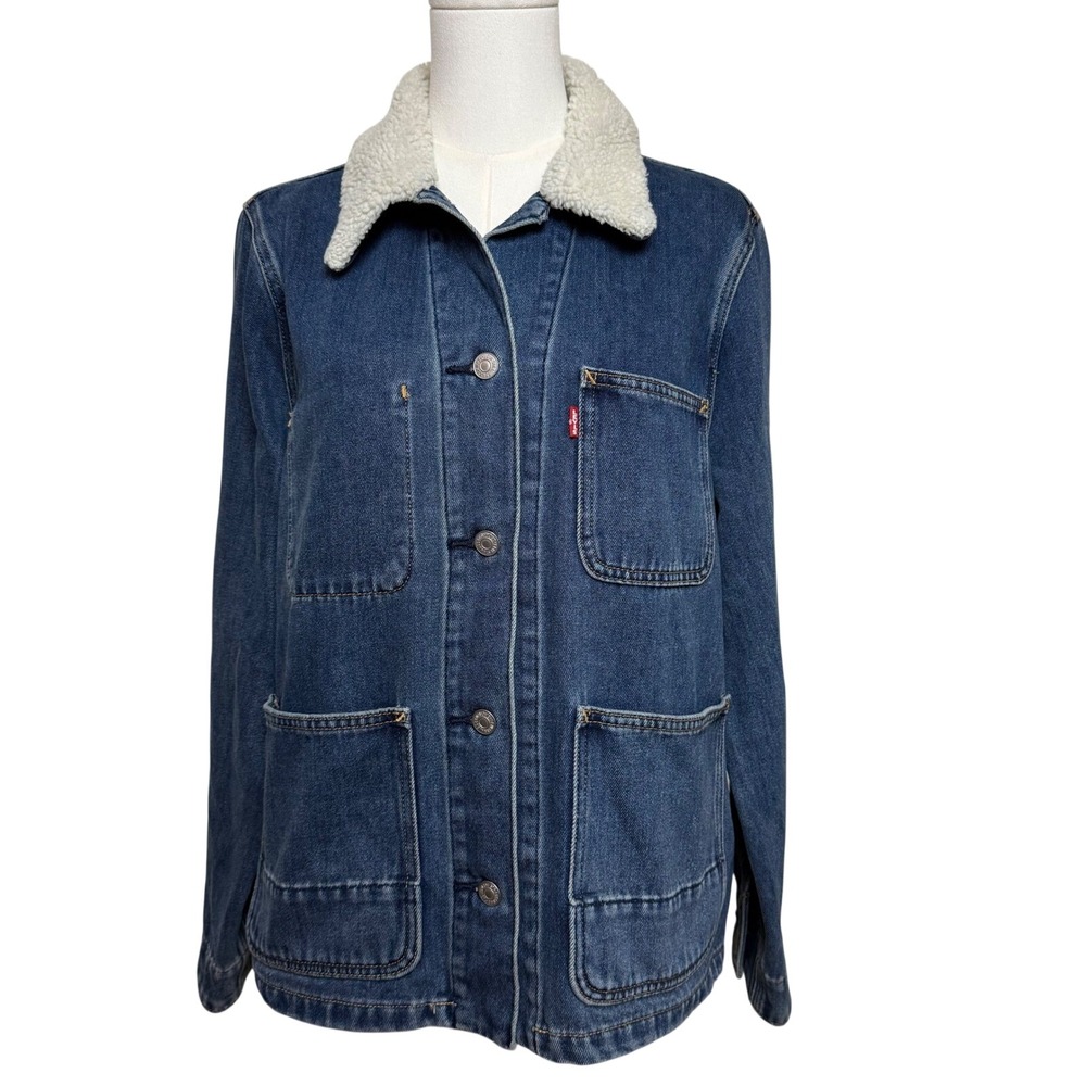 Levis Premium Sherpa Collar Denim Chore Coat Jacket Blue A6053-0000 Womens Small